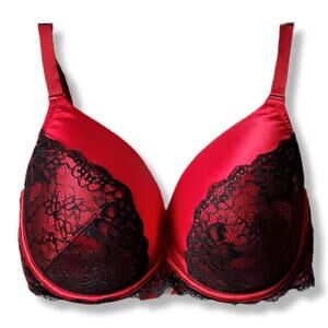 Cacique Red Black Satin Lace Demi Push Up Bra 44DD Plunge Vamp Full Figure